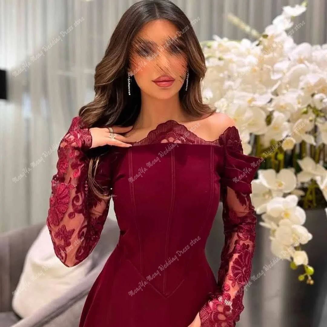 ZHUISHU Exquisite Off the Shoulder Burgundy Lace Evening Dresses Delicate Long Sleeves Party Dress Cocktail Dress Customized