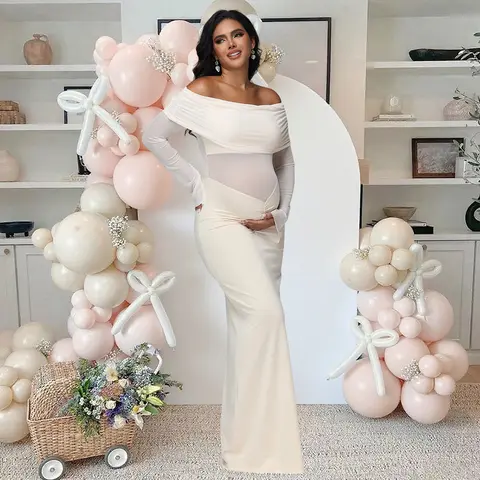 फोटोशूट के लिए मैटरनिटी ऑफ शोल्डर लॉन्ग स्लीव्स मैक्सी ड्रेस मेश पैनल्ड राउच्ड बेबी शॉवर आउटफिट 10 best sales मातृत्व मैक्सी ड्रेस - №8