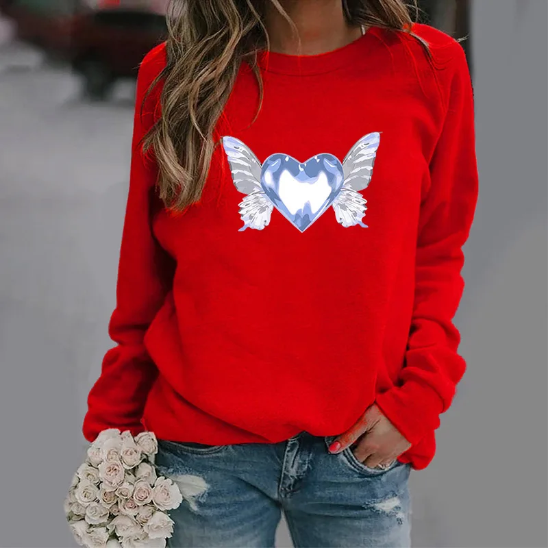 Hot-selling New European and American Fashion Heart-shaped Wing Round-neck Sweatshirt, Autumn Printed Sports Warm Top Streetwear