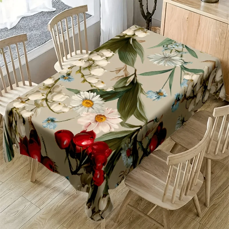 Vintage Wildflower Tablecloth, Beige Base Daisy Cherry Floral Print Waterproof Table Cover, Washable for Farmhouse Dining Decor