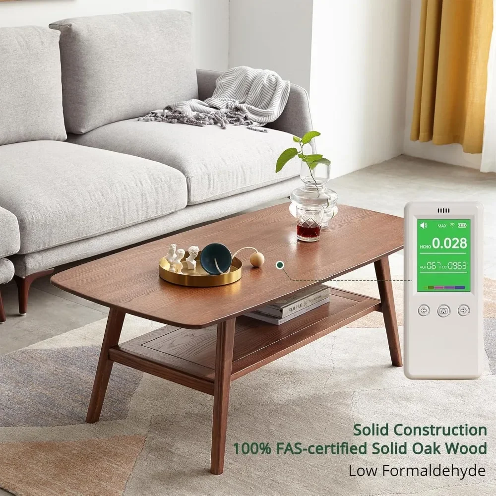 طاولة قهوة من خشب البلوط الصلب بطبقتين - طاولة مركزية عملية مع مساحة تخزين مزدوجة للشقق الصغيرة وغرف المعيشة وغرف النوم