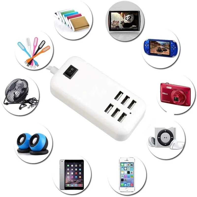 Portable 6 Ports USB Phone Charger Splitter 30W Desktop Wall Charging Extension Station Power Adapter For Smartphone USB Device