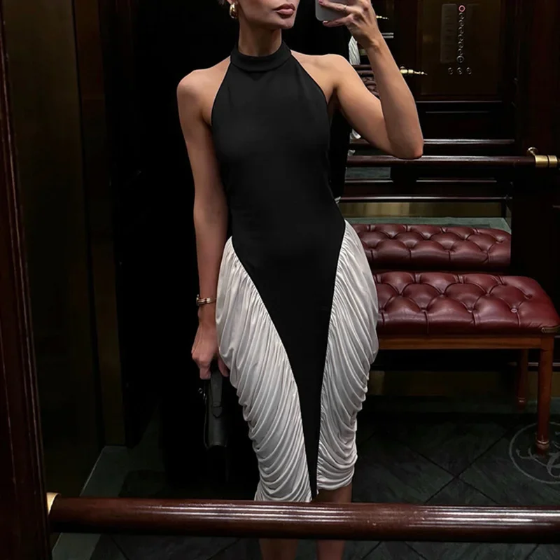 LIBIELIY 2025 Fashion Color Blocking Women Dress Sexy Hanging Neck Backless Draped Midi Dress Elegant Off Shoulder Sleeveless P
