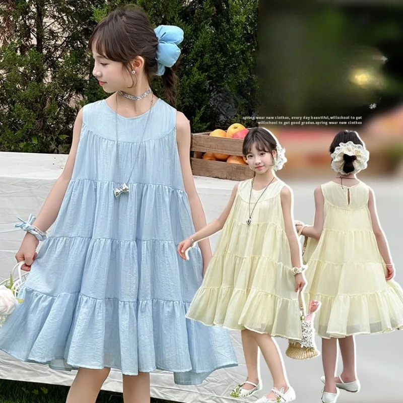 Girls Summer Sweet Dress Children's Sleeveless Princess Dress Fashion Kids Vacation Beach Dress 2025 New