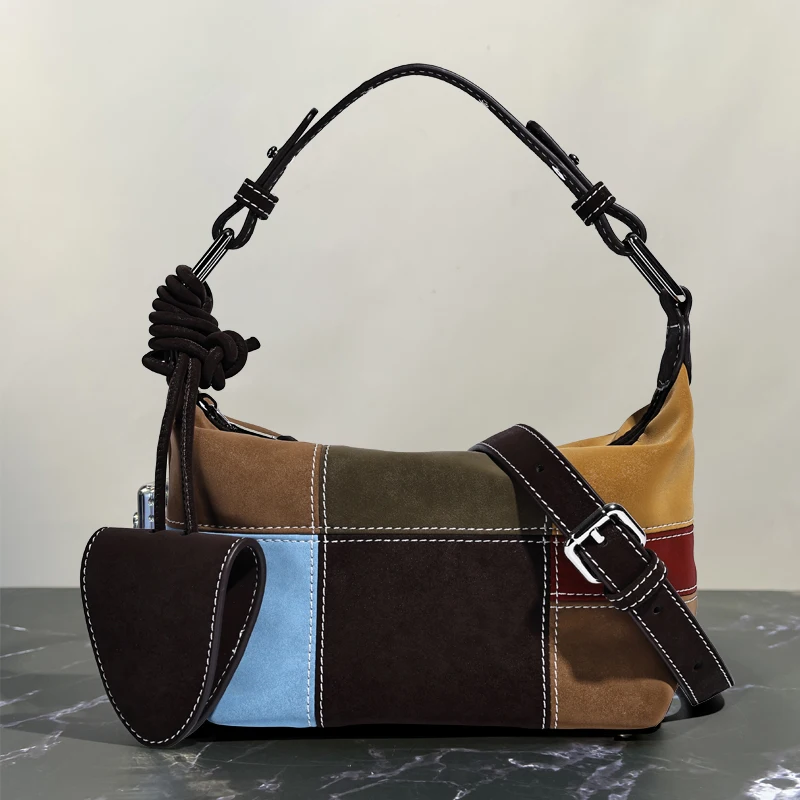 

Мини-сумки из искусственной замши для женщин, роскошные дизайнерские сумки, кошельки, новинка 2025 года, с цветными блоками, с зажимом для очков на плечо