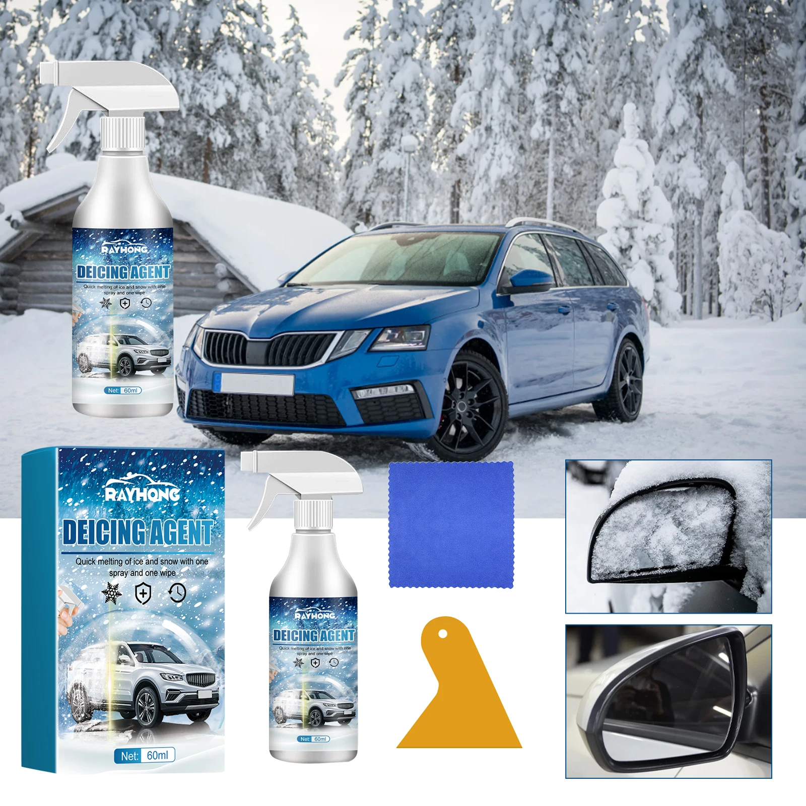 60ml Car Snow Deicing Spray Ice Remover Winter Window Locks Defrosting Liquid Glass Cleaning Handles Anti Slip Auto Supplies