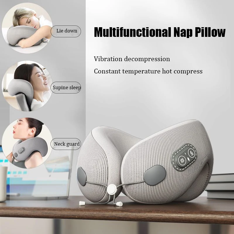 Memory Foam Rechargeable Massage Pillow Portable Ergonomic Travel Neck Guard Nap Pillow Decompression U-Shaped Sleeping Pillow