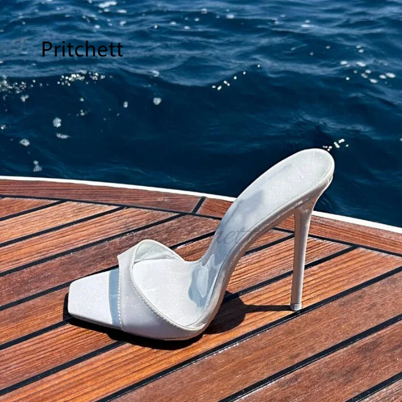 

White Leather Stiletto High Heels Slippers for Women Open Square Toe Pull On 12Cm High Heeled Elegant Summer Party Shoes