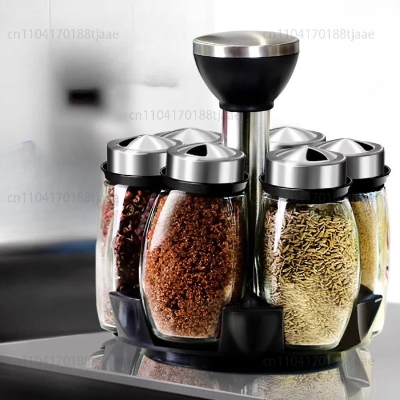 مجموعة صناديق توابل دوارة، تخزين المطبخ، جرة ملح، توابل، جرة منزلية محكمة الغلق، مجموعة كبيرة مكونة من 7 قطع #2