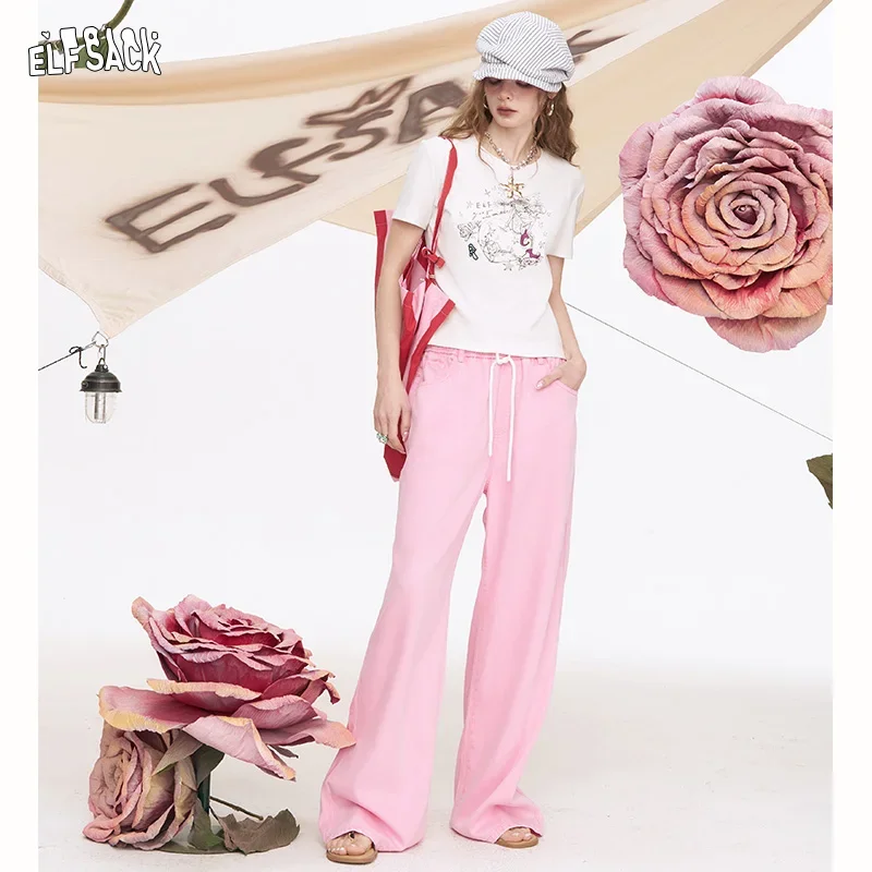ELFSACK  Light Colored Wide Leg Washed Loose Straight Leg Jeans For Women