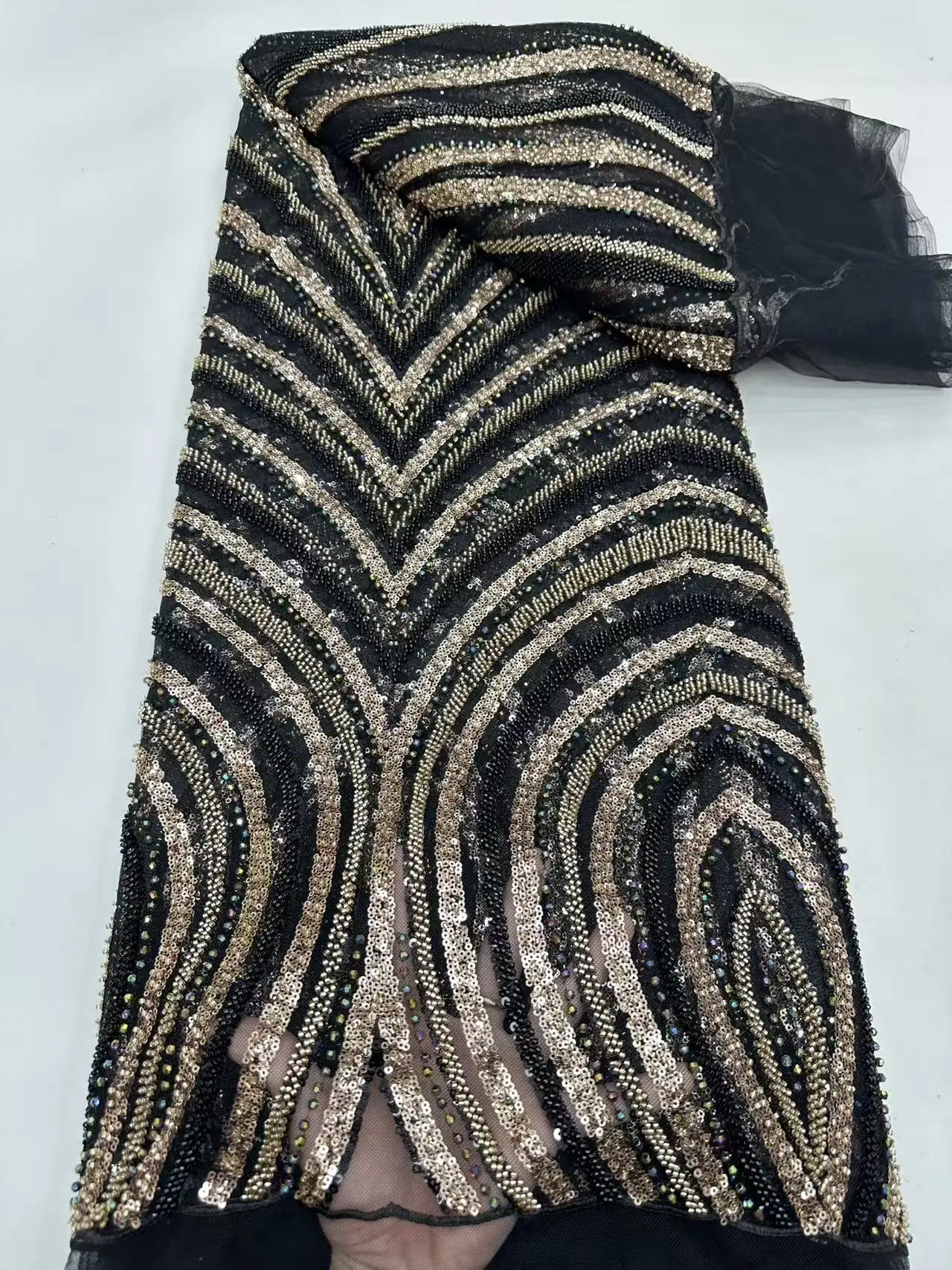 

High Quality African Beads Lace Fabric 5 Yards French Nigerian Groom Luxury Sequins Lace for Wedding Party Dress Sewing RF7539KM