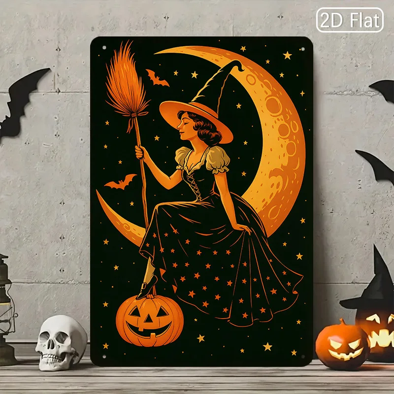 Witch Moon Pumpkin Metal Tin Sign - Halloween Wall Decor with Witch, Broom, Jack-O'-Lantern & Moon - Black & Orange Spooky Deco