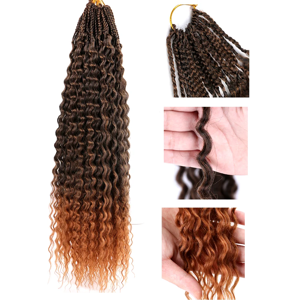 Trenzas de caja de diosa de ganchillo con extremos rizados, trenzas de caja bohemia Bob, pelo ombré de onda profunda, trenzado de fibra sintética, giro de pasión