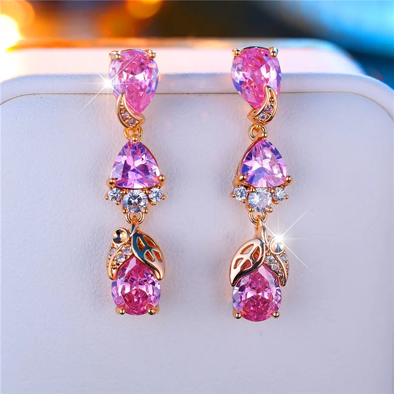 Luxury Female Pink Zircon Stone Clip Earrings Charm Gold Color Wedding Jewelry For Women