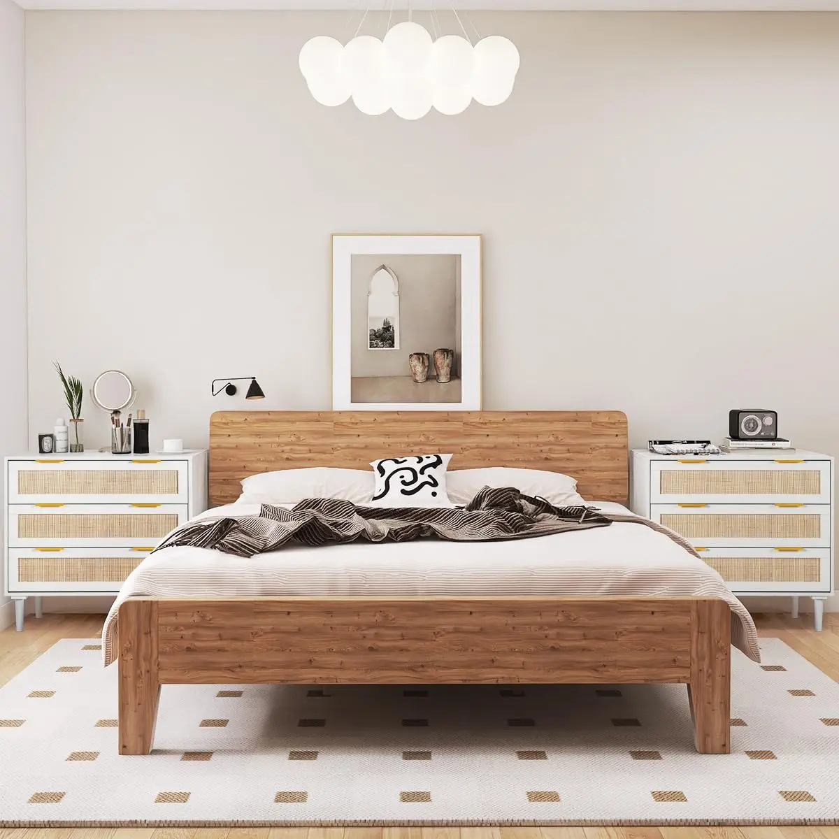 Large Nightstand Set of 2 Rattan Drawer Modern 3 Drawer Bedroom Wooden Bedside Table Queen & King Size Bed White, Customized