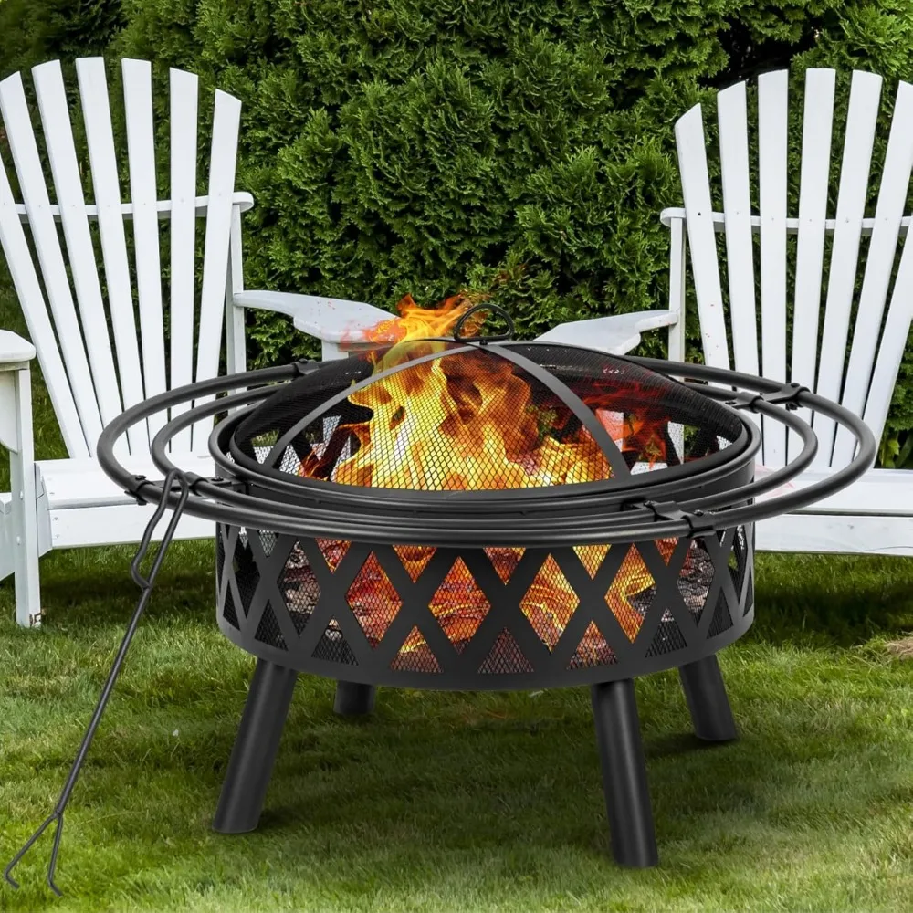 36 Cross-Woven Outdoor Fire Pit with Spark Screen and Fire Poker