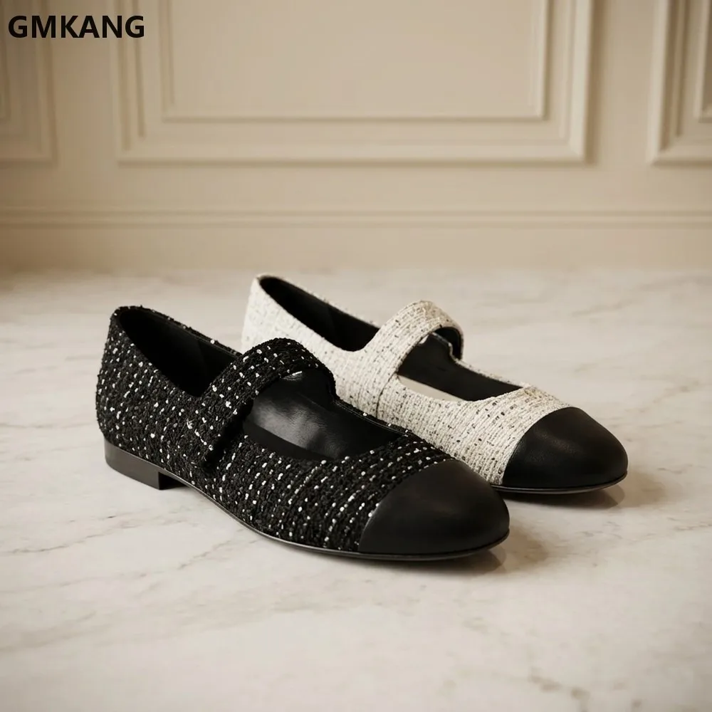 GMKANG Mary Jane Flats Round Toe Tweed Patchwork Single Strap Buckle Slip On Daily Commute Lightweight Comfortable