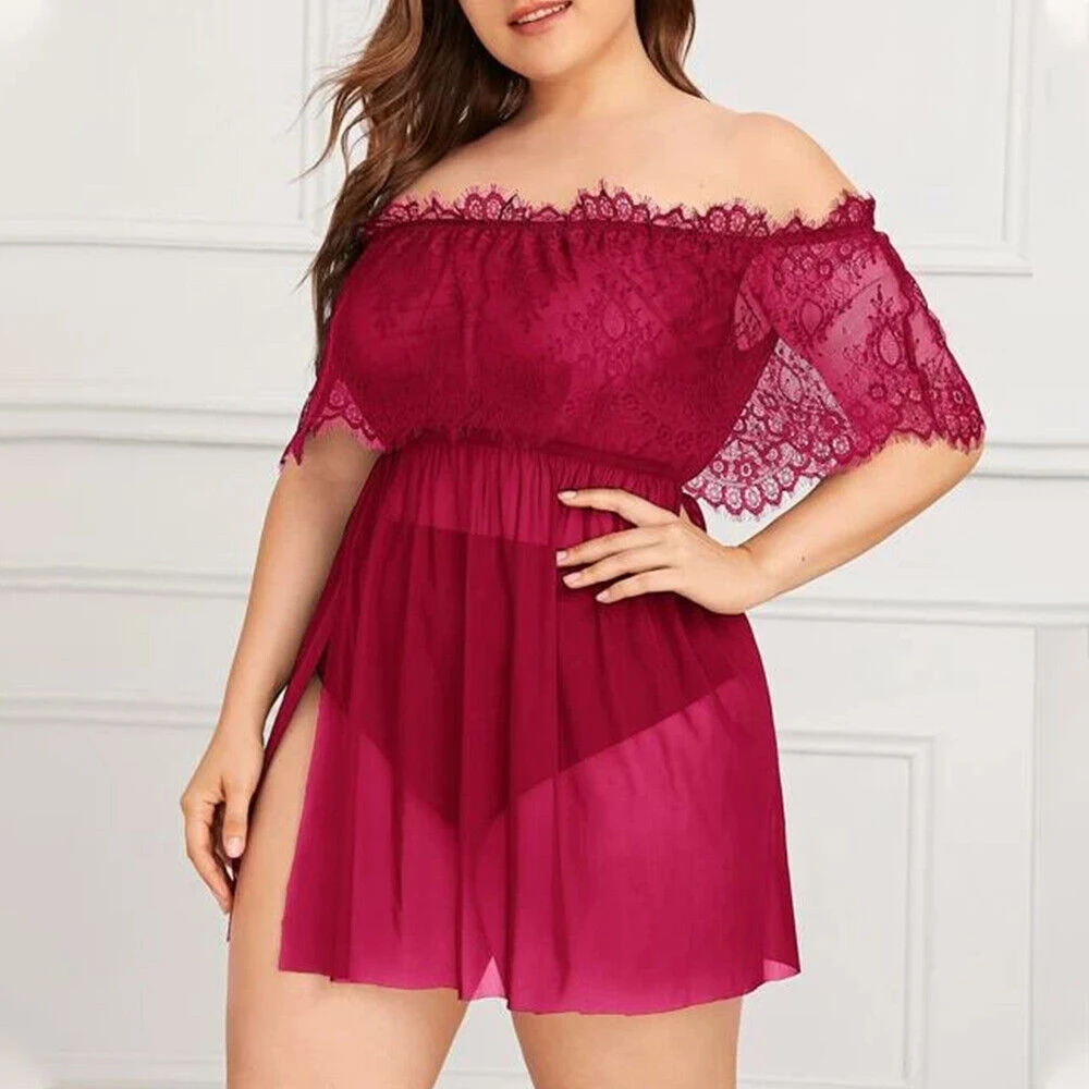 Plus Size Erotic Lingeries Set Women\'s Sheer Mesh See-through Nightdress Babydoll Pajamas Panties Set Fancy Female Nightwears