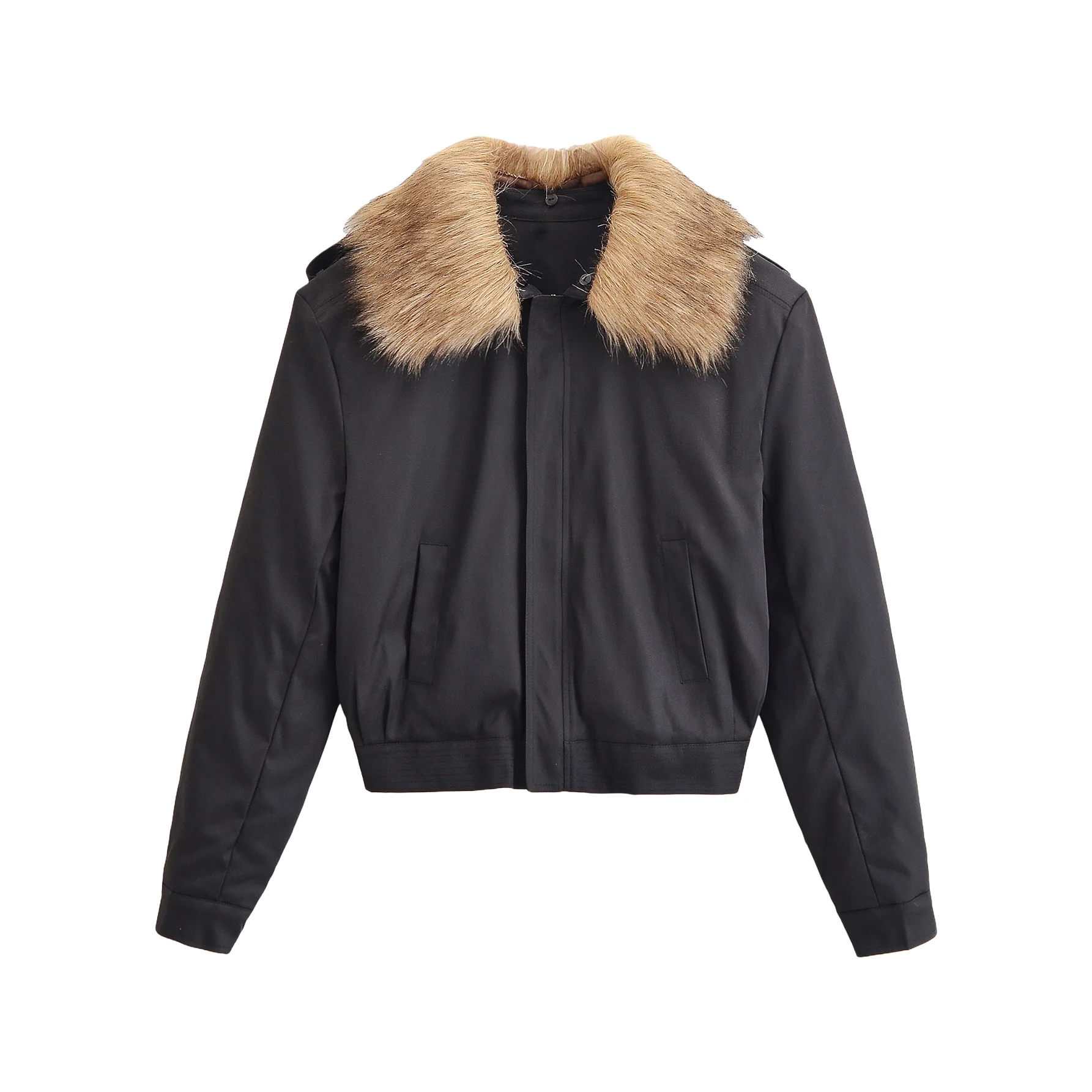 

BSK&TRAF2025 autumn new women's fur collar splicing short casual fashion simple temperament jacket cotton top coat