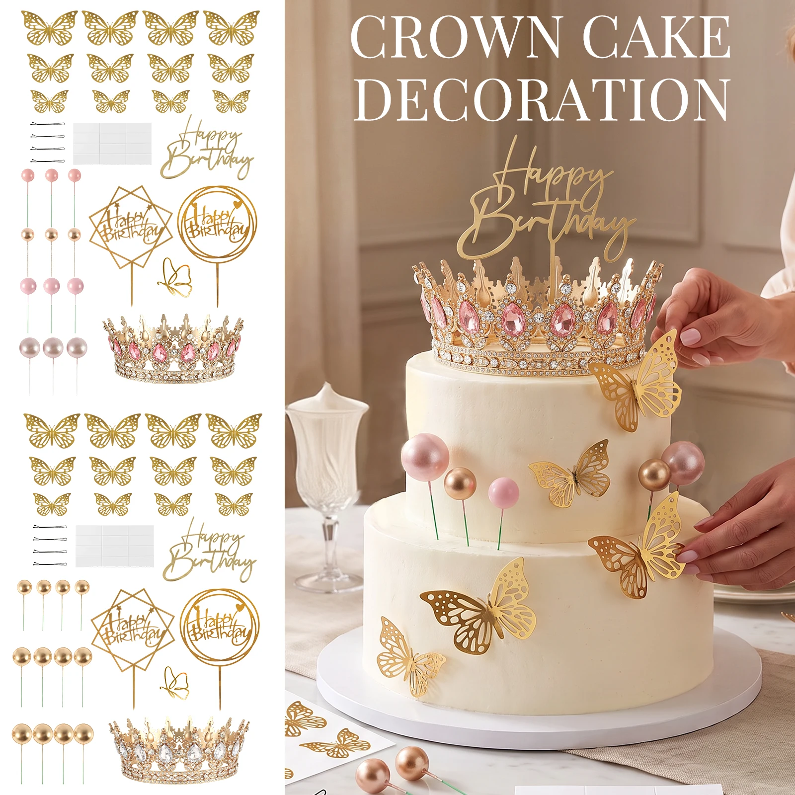 33Pcs Crown Cake Toppers Set Girls Birthday Party Crown Cake Decor Supplies Princess Themed 3D Effect Cake Topper Decoration Kit