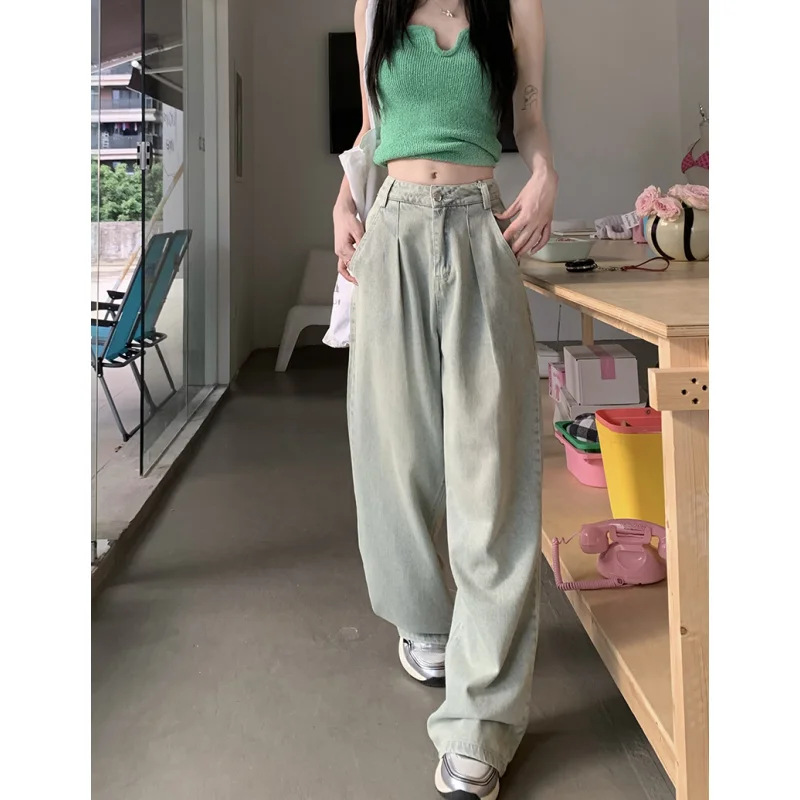 

Washing Blue Womens Jeans High Waist Vintage Straight Baggy Denim Pants Streetwear American Style Fashion Wide Leg Denim Trouser