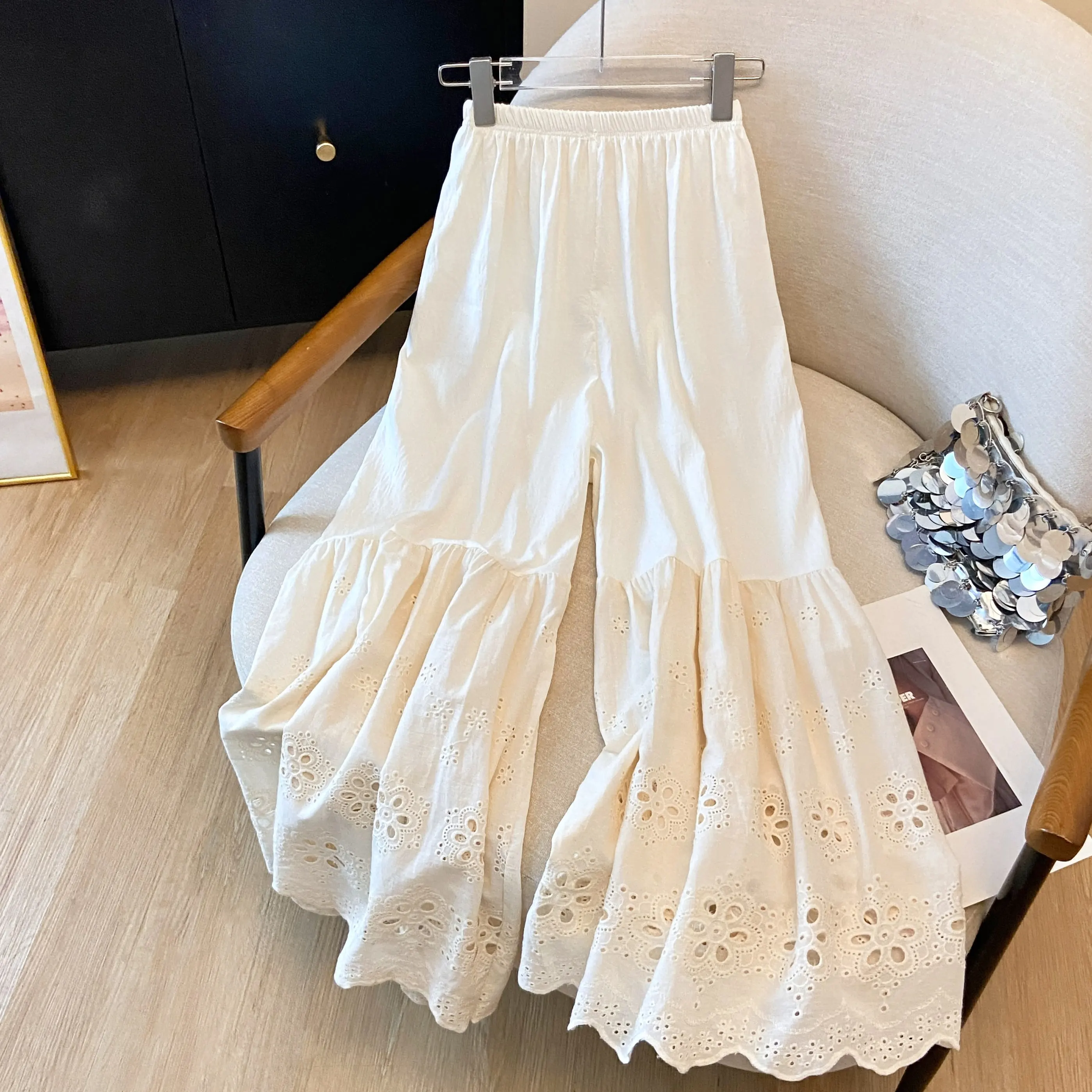 Retro Japanese Style Lace Hookwork Embroidery Wide Leg Pants Skirt Nine Point Pants Hanfu  Underwear for Women