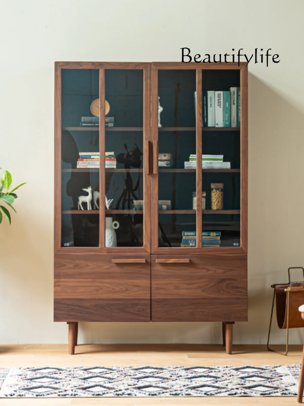 North American black walnut bookcase with glass door partition storage cabinet minimalist natural wood balcony bookshelf