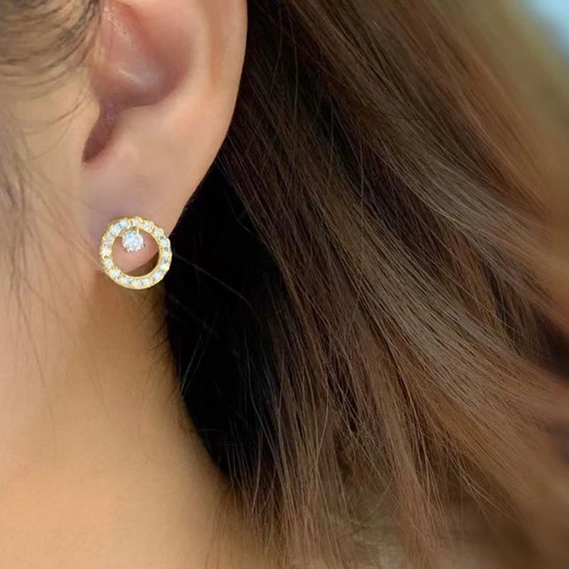 Huitan Dazzling Circle Stud Earrings with CZ Stone Simple Stylish Accessories for Women Daily Wear Fashion Versatile Ear Jewelry