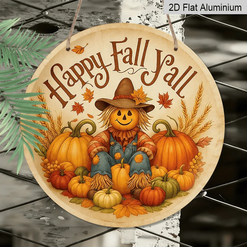 2D Flat, 1pc Scarecrow And Pumpkin Design Round Aluminum Hanging Sign Printed with The Words Happy Fall Y'all
