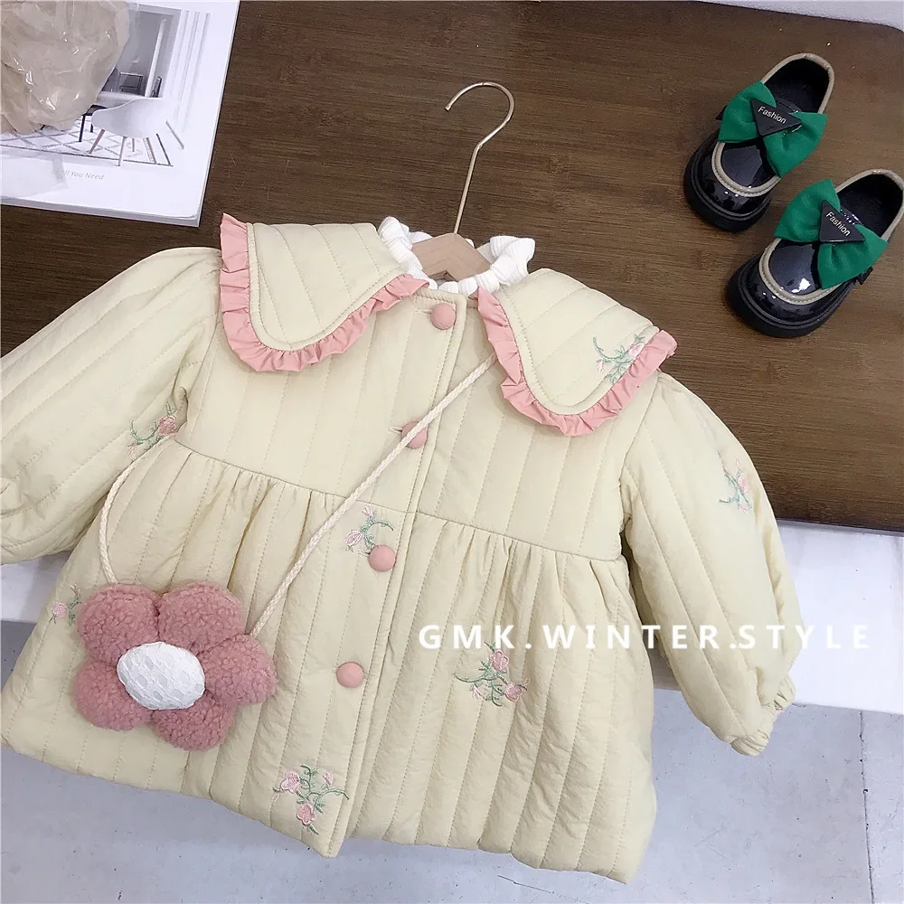 Coat Girl Thickening Cotton Clothes Loose Middle Length Winter New Children Baby Plush Turn Dwon Collar Embroidery 2024