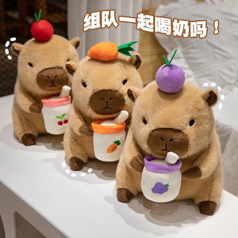 Capivara com frutas boba chá plushie recheado capibaras animais brinquedo tendo maçã uva suco de laranja bebida brinquedos para fãs do miúdo presente