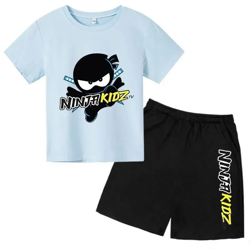 Summer Short Sleeve Round Neck T-shirt +shorts Set Ninja Kids Print Boys Girl Cotton Breathable Children's Leisure Clothing