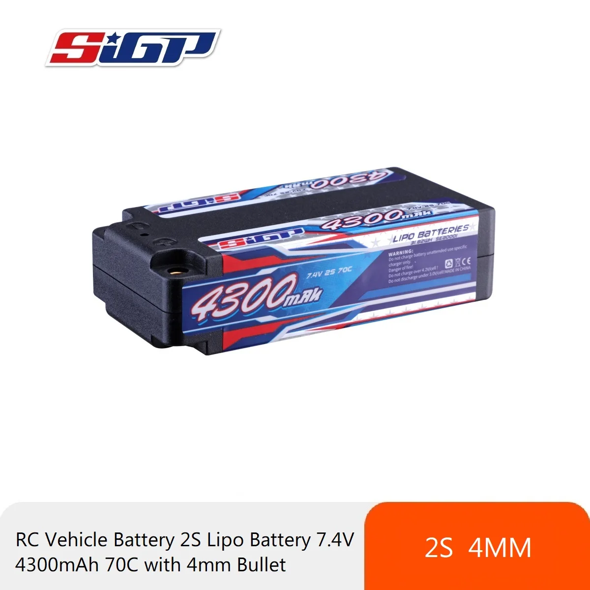 SIGP 7.4V 2S Lipo Battery 4300mAh 5100mAh 70C Hard Case with 4mm Bullet for RC Car Truck Boat Vehicles Tank Buggy Racing Hobby