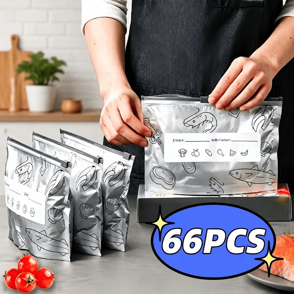 66Pcs Aluminum Foil Food Storage Bag Resealable Zipper Pouch Freezer Air Fryer Liner Oven Sheet Cutter Kitchen Accessories Tool