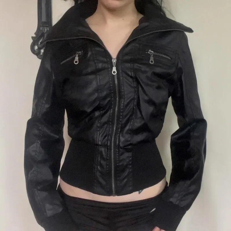 American Retro Workwear Zipper Leather Coats Solid Color Versatile Basic Jackets Japanese Autumn Y2k Subculture Tops Streetwear