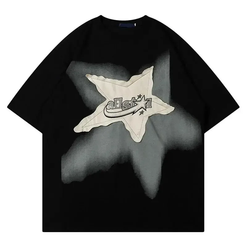 Vintage Star T Shirt Men Allstar Patch Applique Ink Effect White Cotton Tee Fashion Top Vintage
