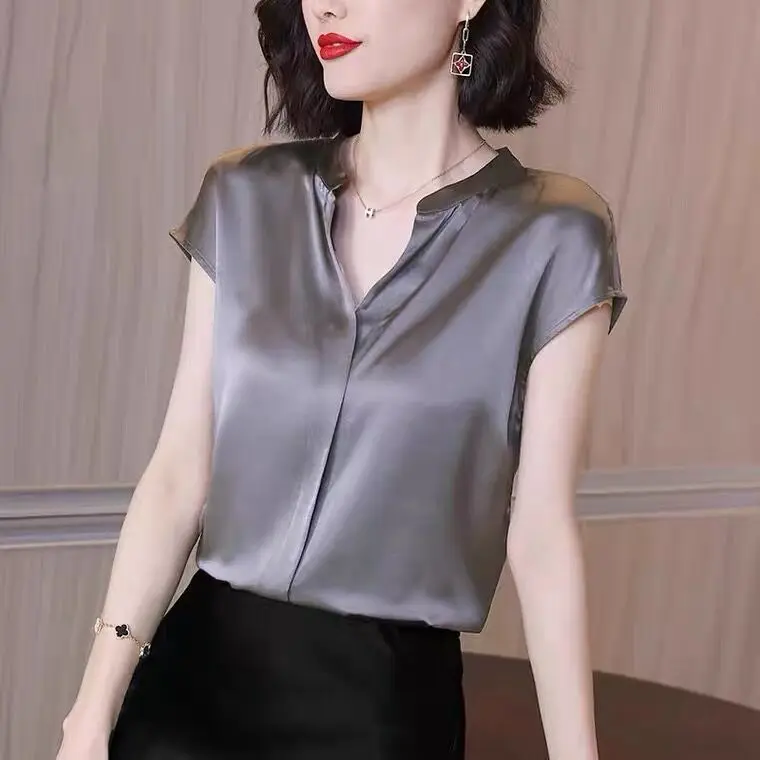 New Summer Women Elegant sexy V-neck Acetate satin shirts Korean Fashion Artificial silk Blouses Blusas tops Mujer De Moda Black