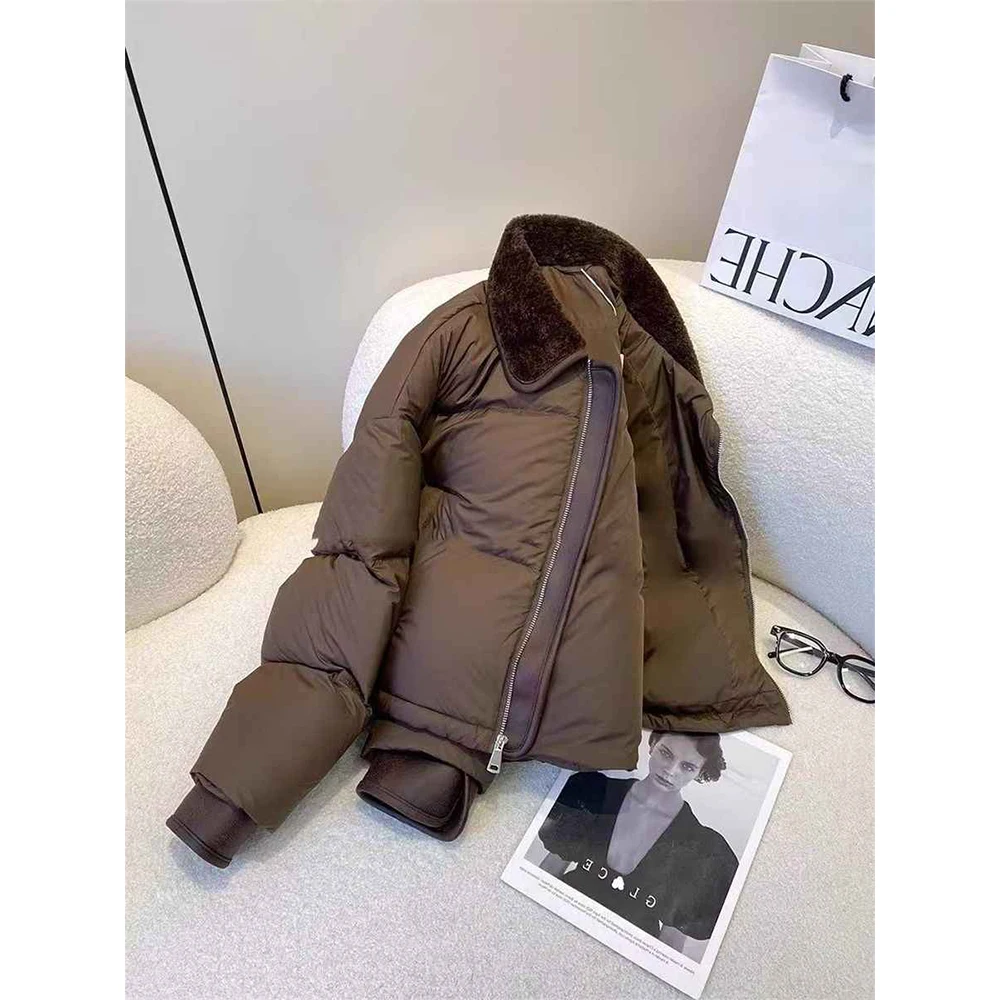 Women's Brown Cropped Parka Jacket Coat Long Sleeve Outerwear Thicken Warm Overcoat Harajuku Padded Jacket Vintage Winter 2025