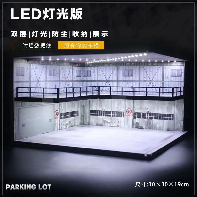 1/64 1/43 Scale Car Garage Diorama Diecast Model Display Case Scenery Toy Cars Simulation Display w LED Light Parking Lot Models