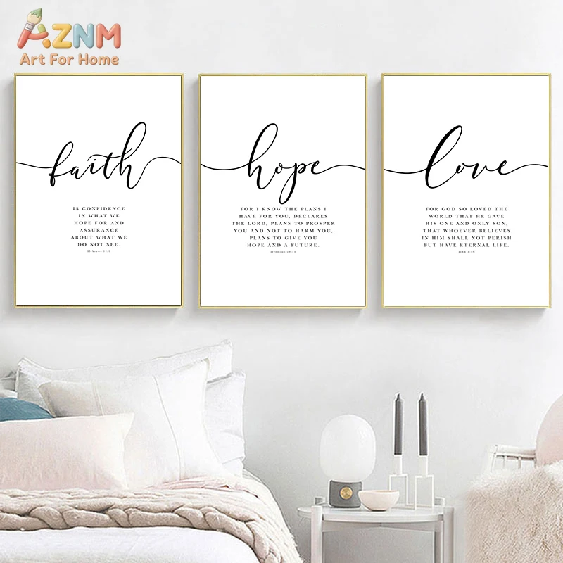 AZNM Faith Hope Love Canvas Wall Art Bible Verse Scripture Christian Minimalist Black White Religious Bedroom Unframed Home Deco