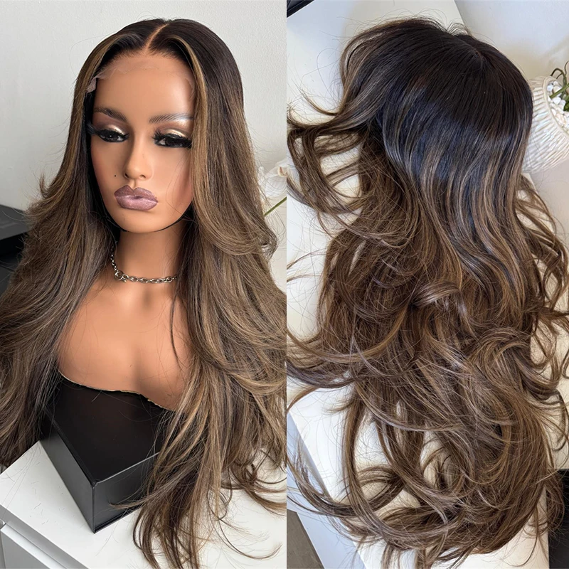 Dark Rooted Brown Human Hair Wig Blonde Highlights Long Wavy Full Lace Wigs Glueless HD Lace Front Wig 13x6 180% Density