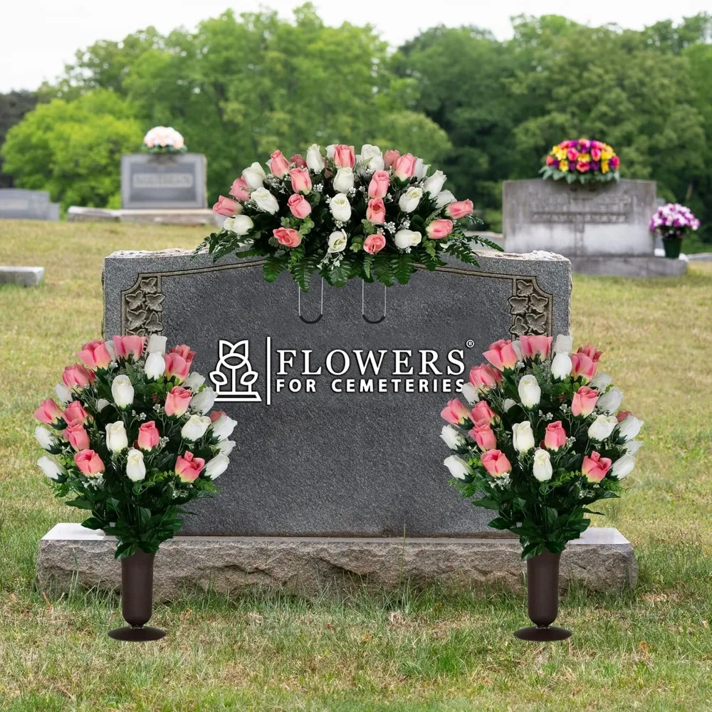 زهور المقبرة الاصطناعية - الورود الكريمية والوردية - سرج زهرة الرأس ومجموعة مطابقة لديكور Gravesite
