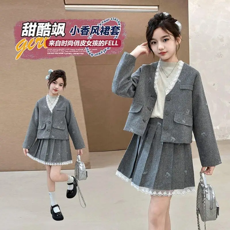 

Kawaii модное пальто для девочек, комплект с короткой юбкой, студенческий весенне-осенний повседневный топ с героями мультфильмов, короткая юбка, комплект из 2 предметов, детская одежда