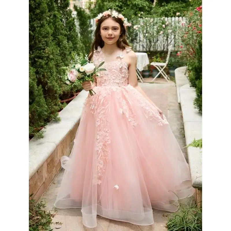 

Princess Pink Flower Girl Dress Princess Lace Floral Appqulies Tulle Fluffy Skirt Floor Length Ball Gowns Comuunion Party