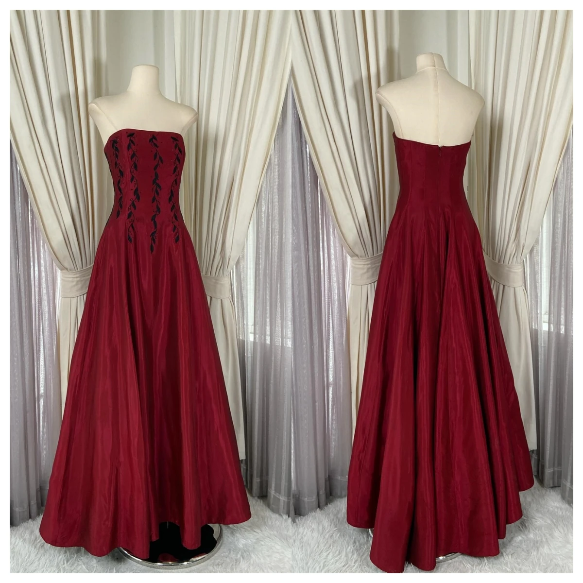 

Customized Delicate Burgundy Satin Evening Dress Strapless Sleeveless Celebrity Gowns Bespoke Occasion Gowns Appliques Modern