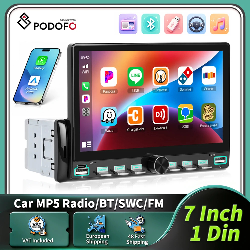 Podofo 1Din 7 Zoll Autoradio Kabelloses Carplay Android Auto Intelligentes Autosystem MirrorLink Universeller Auto-MP5-Player HD-Touchscreen Multimedia-Player Audio-Stereoanlage BT-Unterstützung USB