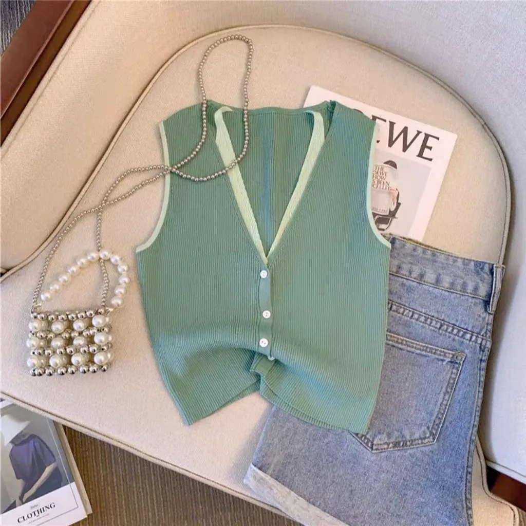 

Women's Sleeveless Knitted Vest Spring/Summer Trendy Fake Two-Piece Contrast Color Design Ice Silk Thin Camisole