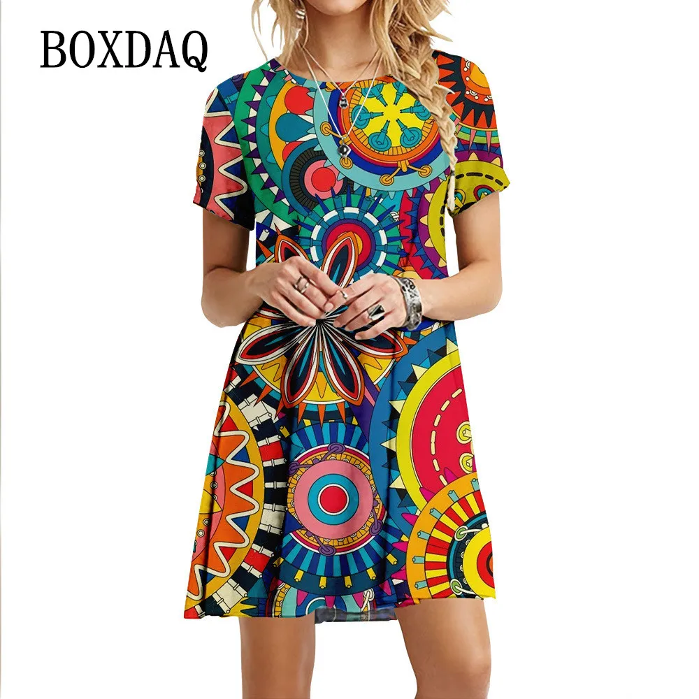 2022 New Summer Women Vintage 3D Print Dress Fashion Short Sleeve Ladies Oversized Dress Casual O-Neck Loose Sundress Vestidos