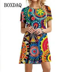 2022 New Summer Women Vintage 3D Print Dress Fashion Short Sleeve Ladies Oversized Dress Casual O-Neck Loose Sundress Vestidos