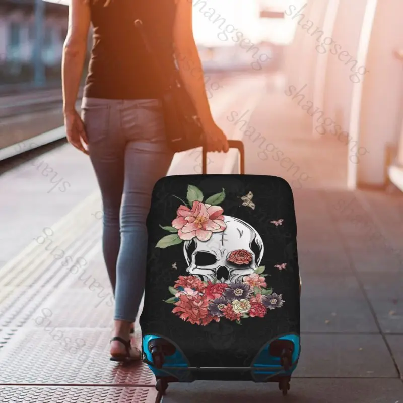 حقيبة واقية لحقيبة السفر مطبوعة على شكل جمجمة مع طباعة وردية، غطاء حقيبة، حماية مرنة، غطاء أمتعة قابل للغسل، 18-32 بوصة #6